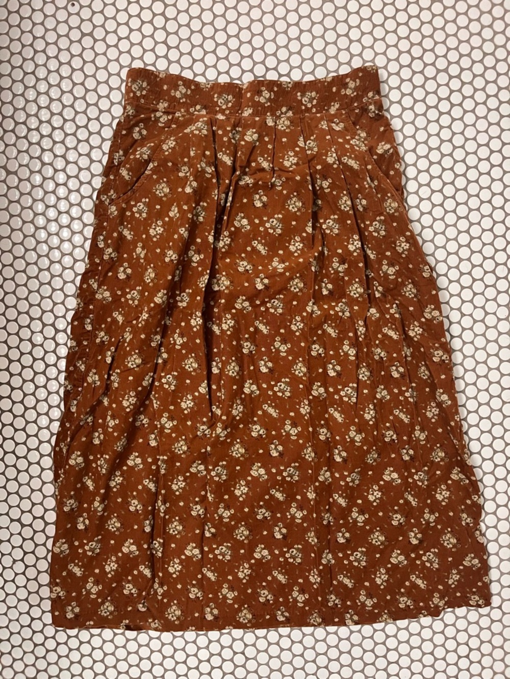 Vintage Floral Midi Skirt in Rust Brown